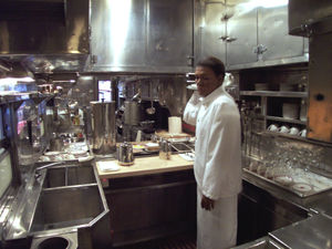 The pantry aboard former Santa Fe dining car #1474, the Cochiti.  Over a million meals were served in the car, which remained in service through the late 1960s.