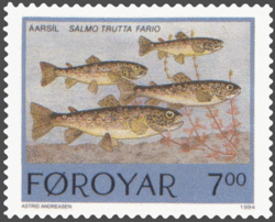 Fishes in the Faroe Islands:Brown trout (Salmo trutta fario)Faroese stamp issued: 7 Feb 1994Artist: Astrid Andreasen