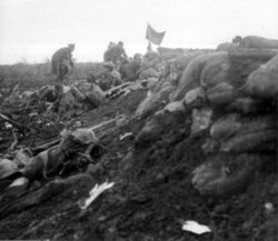 The 1/10th King's during the Battle of Bellewaarde, 16 June 1915. In the background, an artillery marker has been planted atop a parapet to show the extent of the 1/10th's advance.