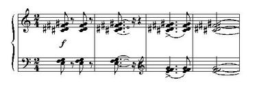Example of piano tone clusters. The clusters in the upper staff (for the pianist's right hand)—C#-D#-F#-G#—are played by striking four successive black keys at the same time.