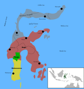 Location of Toraja (green) among Makassarese (yellow) and Bugis (red) on Sulawesi island