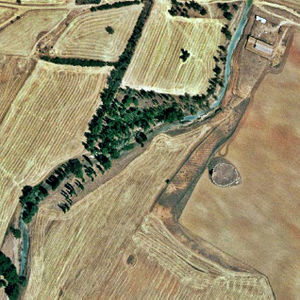 Aerial photo showing the ruins of one of the defensive 'torrejones' on the borders of the river Trabancos near Medina del Campo