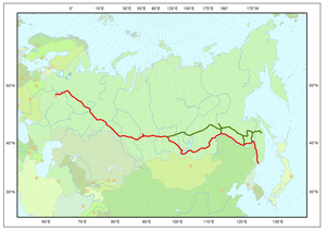 Trans-Siberian line in red; Baikal Amur Mainline in green.