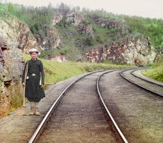 Bashkir switchman near the town Ust' Katav on the Yuryuzan River between Ufa and Cheliabinsk in the Ural Mountain region, ca. 1910