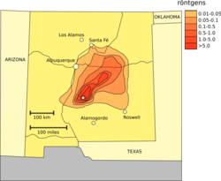 Fallout around the Trinity site. The radioactive cloud moved towards northeast with high radiation levels within about 100 miles (161 km).