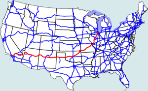 Location of U.S. Route 66 in the late 1930s in relation to the modern interstate highway system.