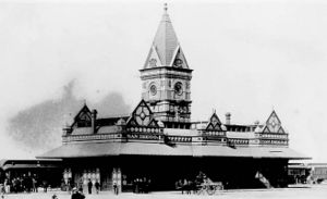 California Southern's San Diego passenger terminal as it appeared toward the end of the 19th century. An early predecessor of the San Diegan is waiting to depart.