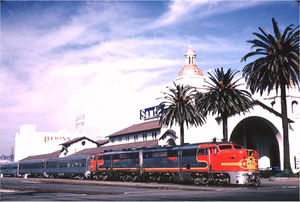The San Diegan, pulled by a pair of back-to-back ALCO PA units, reaches the end of the line at San Diego's Union Station on October 26, 1963.