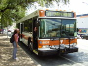 A Capital Metro bus painted in University of Texas at Austin colors.