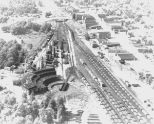 An aerial shot of Victoria in 1954, looking west. It shows the turntable and roundhouse in the lower left, and the passenger station and Norfolk division offices to the right of the tracks Photo courtesy Town of Victoria