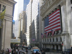 Elaborate marble facade of NYSE as seen from Broad and Wall Streets