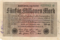 1923-issue 50 million mark banknote. Worth approximately $1 US when printed, this sum would have been worth approximately $12 million nine years earlier. The note was practically worthless a few weeks later due to continued inflation.