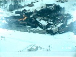 An overhead view of the derailment March 5, 1996