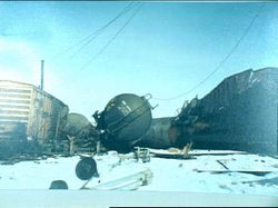 Derailed cars in the western section of the accident site