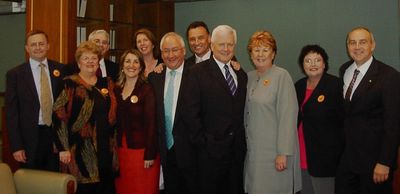Eleven Labor MPs who were ejected from the House of Representatives for protesting disorderly against the Howard Government's industrial relations bill. Left to right: Anthony Albanese, Annette Ellis, Anthony Byrne, Maria Vamvakinou, Catherine King, Michael Danby, Dr Craig Emerson, Gavan O'Connor, Julia Irwin, Kelly Hoare, Bernie Ripoll.