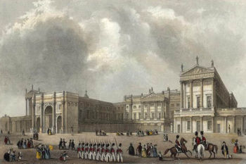 The Palace c.1837, depicting the Marble Arch, which served as the ceremonial entrance to the palace precincts. It was moved to make way for the east wing, built in 1847, which enclosed the quadrangle.