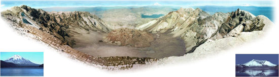 Mount St Helens from Monitor Ridge showing the cone of devastation,  the huge crater open to the north, and the post-eruption lava dome inside it. The small photo on the left was taken from Spirit Lake before the eruption and the small photo on the right was taken after the eruption from approximately the same place. Spirit Lake can also be seen in the larger image, as well as two other Cascade volcanos.