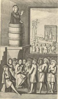An illustration from Jonathan Swift's A Tale of a Tub showing the three "stages" of human life: the pulpit, the theatre, and the gallows. Click on the image for detail.