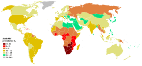 Prevalence of HIV among adults per country at the end of 2005 ██ 15-50% ██ 5-15% ██ 1-5% ██ 0.5-1.0% ██ 0.1-0.5% ██ <0.1% ██ no data