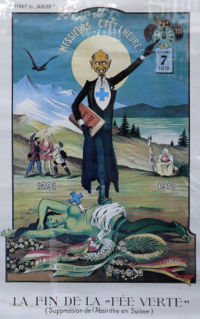 The end of the Green Fairy (1910): Critical poster by Albert Gantner illustrating the absinthe ban in Switzerland.