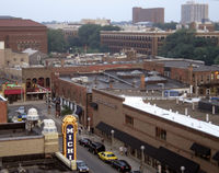 A view of Ann Arbor toward Liberty and State Streets, showing the Michigan Theater, the Borders bookstore #1, and several buildings of the University of Michigan