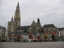 The Onze-Lieve-Vrouwekathedraal (Cathedral of our Lady) at the Handschoenmarkt, in the old quarter of Antwerp is the largest cathedral in the Low Countries and home to several triptychs by Baroque painter Rubens. It remains the tallest building in the city.