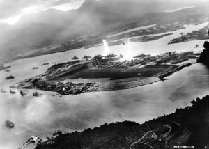 Torpedo exploding into USS West Virginia, as seen from Japanese plane.