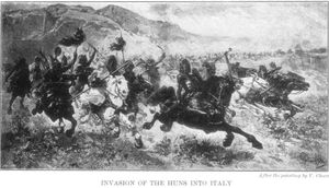 The Huns, led by Attila (right, foreground), ride into Italy.