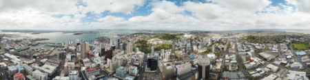 360 degree panoramic view from Sky Tower, showing many landmarks in the CBD area