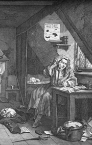 William Hogarth's portrait of a Grub Street poet starving to death and trying to write a new poem to get money. The "hack" (hired) writer was a response to the newly increased demand for reading matter in the Augustan period.