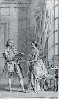 A plate from the 1742 deluxe edition of Richardson's Pamela, or, Virtue Rewarded showing Mr. B intercepting Pamela's first letter home to her mother.