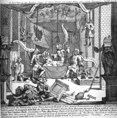 A print by William Hogarth entitled A Just View of the British Stage from 1724 depicting the managers of Drury Lane (Robert Wilks, Colley Cibber, and Barton Booth) rehearsing a play comprised of nothing but special effects, while they used the scripts for Macbeth, Hamlet, Julius Caesar and The Way of the World for toilet paper.  This battle of effects was a common subject of satire for the literary wits, including Pope in The Dunciad.