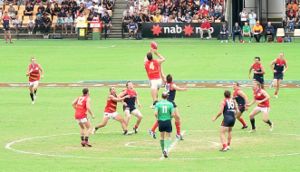 An Australian Football League Premiership season match at Carrara Stadium on the Gold Coast between Adelaide and Melbourne.  The AFL is the most popular national competition in Australia and the only fully professional league for Australian Rules in the world.