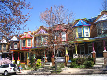 Some more upscale rowhouses, like these in Charles Village, have complete porches instead of stoops