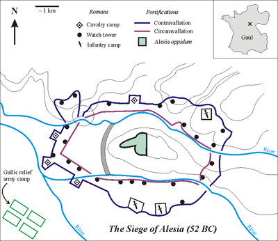 The Fortifications built by Caesar in Alesia according to the hypothesis of the location in Alise-sainte-Reine Inbox: cross shows location of Alesia in Gaul (modern France). The open circle shows the weakness in the contravallation line