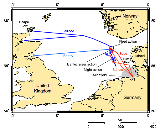 Fleet movements before and during the battle of Jutland, 30 May to 1 June 1916.