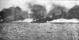 Beatty's flagship Lion burning after being hit by a salvo from Lützow.