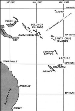 South Pacific area in 1942–1943.  The U.S. troop convoy and warship task forces heading towards Guadalcanal (upper center) on January 29, 1943 originated at the major Allied bases at Espiritu Santo and Efate (center right) and Noumea (lower right).  Headquarters for Japanese land-based aircraft in the Solomons area was at Rabaul (upper left).