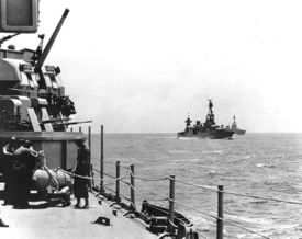U.S. cruisers of Task Force 18 at sea en route to Guadalcanal on January 29, 1943, just hours prior to the Japanese night air attack off Rennell Island. Photographed from USS Wichita. USS Chicago is in the right center, with USS Louisville in the distance.