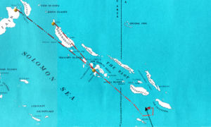 Chart of Japanese air attack (dashed red line) on U.S. Task Force (TF) 18 (solid black line) between Rennell Island and Guadalcanal on the evening of January 29, 1943. (Click on map for larger image and full description.)