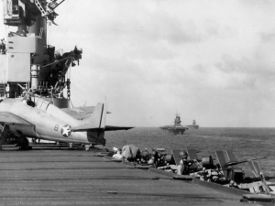 U.S. carriers Wasp (foreground), Saratoga, and Enterprise (background) operating in the Pacific south of Guadalcanal on August 12 1942