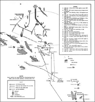 U.S. Navy map from 1943 showing approximate paths and actions of Japanese (top) and Allied (bottom) naval forces in the battle from August 23 through August 26, 1942.  Guadalcanal is the large, roughly oval-shaped island in the center-left of the map. (Click on map to see a larger image.)