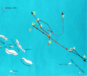 Map of the Battle of the Santa Cruz Islands, October 26, 1942.  Red lines are Japanese warship forces and black lines are U.S. carrier forces.  Numbered yellow dots represent significant actions in the battle.  (Click on map for larger image and full description.)
