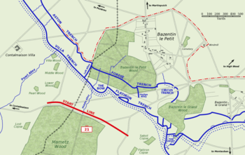 The British 21st Division attack on Bazentin le Petit, 14 July 1916. The area captured by 9.00 am is shown by the dashed red line.