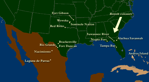 Key locations in the 19th-century odyssey of the Black Seminoles, from Florida to Mexico. For more detail, the copyright holder at www.johnhorse.com freely offers an interactive version of this map.