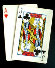 Blackjack! The face cards (Jack, Queen, and King) and the ten count as 10 points, and the Ace counts as 1 or 11.