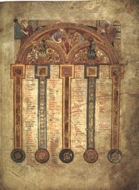 Folio 5r contains a page of the Eusebian Canon Tables.