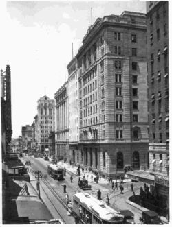 The AMP Building (now the MacArthur Central building), was the Allied Pacific Headquarters of General Douglas MacArthur during World War II (photograph taken in 1938).