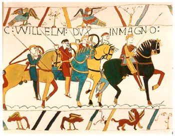 The Bayeux Tapestry depicts the Norman Conquest.