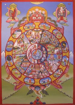 The Wheel of Life from the country Bhutan. The Wheel of Life is used predominantly today in the Vajrayana tradition of Buddhism.